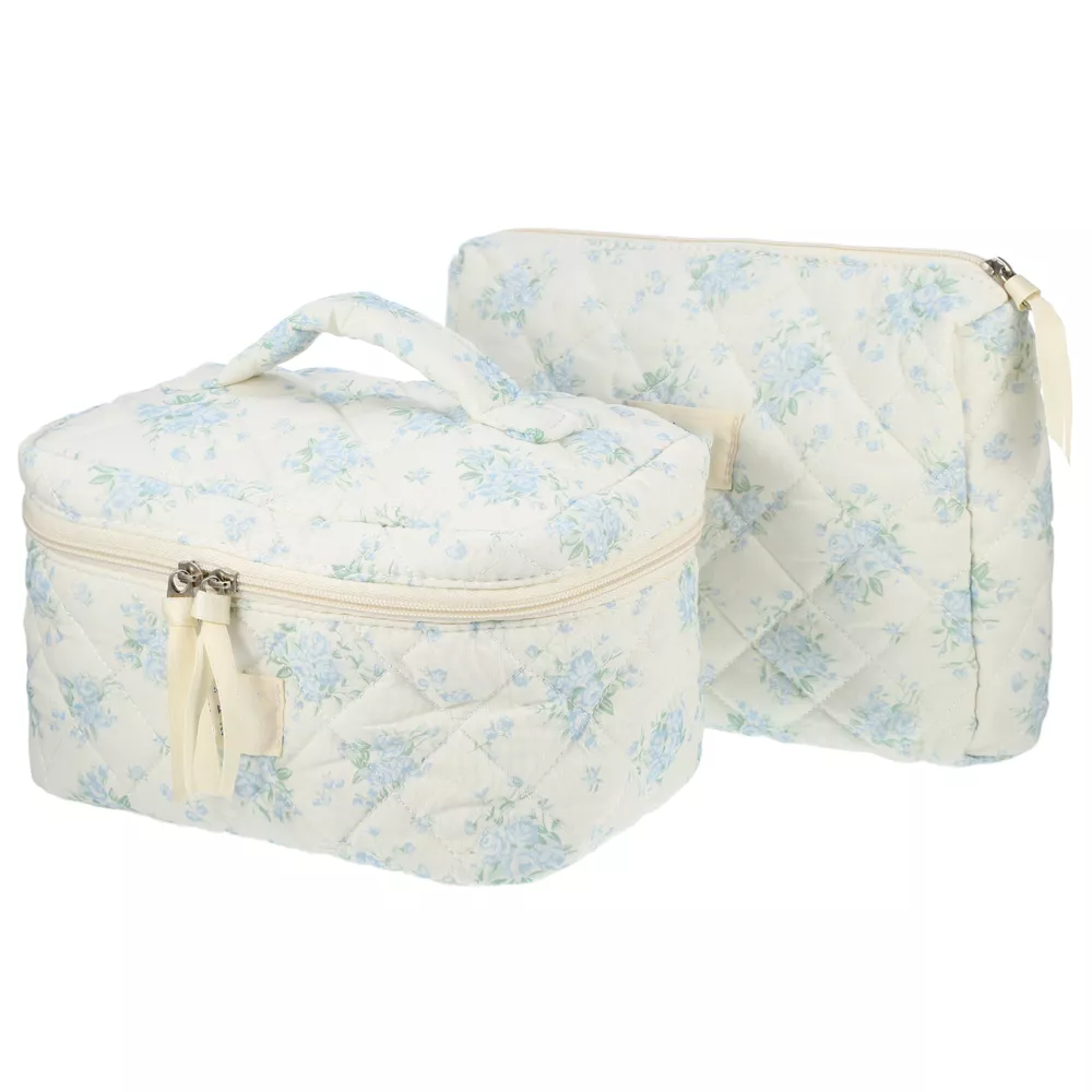 2Pcs Floral Quilted Cosmetic Makeup Bag Set